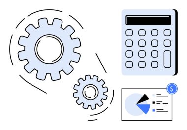 Hesap makinesi, hareket halindeki dişliler ve dolar ikonlu analitik şeması finans, üretkenlik, otomasyon, veri analizi, bütçe, teknoloji entegrasyonu ve iş verimliliğini sembolize eder. Düz basit