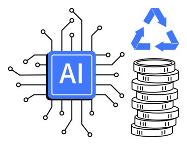 Bağlı devreli yapay zeka çipi, bozuk para yığını ve geri dönüşüm sembolü. Teknoloji, yapay zeka yeniliği, sürdürülebilirlik, kaynak verimliliği, gelecekteki veri yönetimi kavramları için idealdir. Düz basit