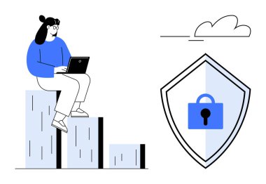 Yükselen bar grafiğinde oturan bir kadın dizüstü bilgisayarla çalışıyor. Yanında kilit olan büyük bir güvenlik kalkanı. Veri koruması, siber güvenlik, büyüme, ilerleme, güvenlik, çevrimiçi koruma, dijital