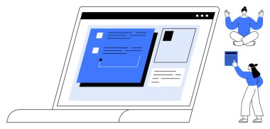 Kullanıcı arayüzü elemanlarını gösteren dizüstü bilgisayar ekranı, işbirliği yapan küçük figürler. Takım çalışması, uzaktan çalışma, organizasyon, üretkenlik, yazılım tasarımı, yenilik, düz basit metafor için ideal