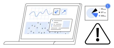 Analiz, çizelge, bildirim, bitişik pasta grafiği ve uyarı işaretini gösteren dizüstü bilgisayar. Veri analizi, risk değerlendirmesi, iş zekası, sorun çözme kararı için ideal