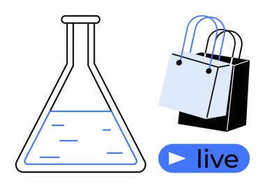 Sıvı beher, alışveriş torbaları ve canlı akış düğmesi. Çevrimiçi alışveriş, e-ticaret, bilimsel araştırma, canlı yayın, tüketici davranışı, dijital pazarlama perakende analizi için ideal