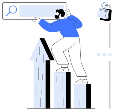 Arama çubuğunu tutarken yukarı doğru ok ile üç çubuklu bir grafiğe tırmanan kişi ilerleme kaydediyor. Büyüme, başarı, analitik, iş stratejisi, e-ticaret, dijital pazarlama, kariyer için ideal