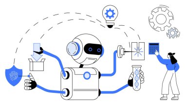 Silah taşıma paketleriyle, DNA analizleriyle, dijital arayüzlerle ve viteslerle robot çoklu görevi. Kadın tabletle etkileşimde. Yapay zeka, otomasyon, teknoloji yeniliği, verimlilik robotları için ideal