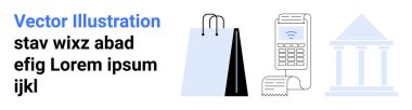 Alışveriş çantası, kağıt makbuzlu ödeme terminali ve klasik banka binası perakende, ödeme ve bankacılığı ön plana çıkarıyor. E-ticaret, fintech, perakende, bankacılık finans işlemleri için ideal basit