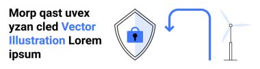 Veri korumasını sembolize eden kalkanlara kilitlenmek, mavi ok ve rüzgar türbini sürdürülebilir enerjiyi işaret ediyor. Siber güvenlik, veri güvenliği, yenilenebilir enerji, yenilik, teknoloji, sürdürülebilirlik için ideal