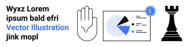 Avuç içi açık, turta grafiği mavi ve siyah kısımlarla birlikte madeni para ve satranç kalesi. Finans, analitik, strateji, takım çalışması, liderlik, planlama ve basit iniş sayfası için ideal