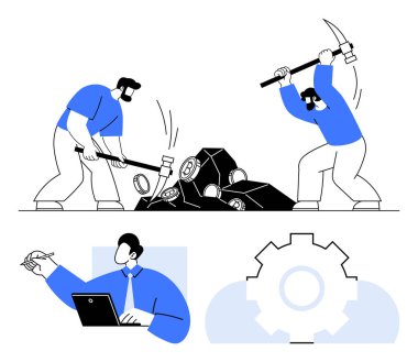 Mineralleri aletlerle söken iki adam ve dijital bir cihazla verileri inceleyen bir iş adamı. Vites endüstriyel süreçleri sembolize eder. Takım çalışması, iş gücü, kaynak çıkarma, teknoloji, büyük