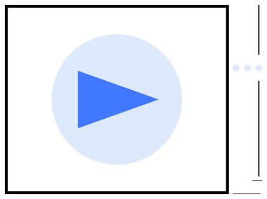 Mavi üçgen oynatma düğmesi, çevreleyen bir dikdörtgenin içinde, dairesel bir alanda ortalanmış. Yayın, multimedya, video içeriği, oynatma, medya talimatları, UI tasarımı, düz basit metafor için ideal