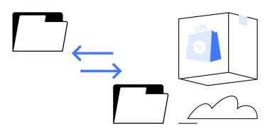 Oklarla veri alışverişi yapan iki klasör, yüzen bir alışveriş çantasına bağlı. E-ticaret, dosya paylaşımı, online alışveriş, bulut depolama, lojistik, iletişim veri yönetimi için ideal. Düz