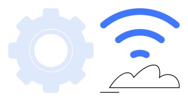 Dişli simgesi teknolojiyi temsil ederken, mavi kablosuz sinyal ve bulut vurgulama bulut hesaplama ve bağlantı. Yenilik, otomasyon, ağ, yazılım, bulut hizmetleri için ideal