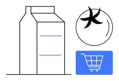 Temiz çizgileri olan süt kutusu, mavi alışveriş arabası ikonu ve soyut olarak kalite güvencesi sunumu. E-ticaret, ambalaj, gıda güvenliği, perakende, markalaşma, pazarlama dairesi için ideal