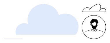 Açık mavi dolgu ile büyük bulut şekli ve depolama, bağlantı ve veri paylaşımını temsil eden ana hatlı kullanıcı profil çemberi. Teknoloji, çevrimiçi hizmetler, kullanıcı yönetimi, bulut hesaplaması için ideal