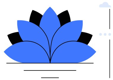 Geometrik yaprak katmanlı ve minimal doğrusal aksanlı stilize edilmiş mavi ve siyah nilüfer çiçeği. Meditasyon, doğa, denge, maneviyat, farkındalık, büyüme, rahatlama için ideal.