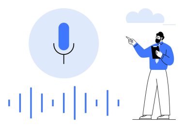 Ses dalgası görselleştirmeli mikrofon konuşma etkileşimini ya da kayıt fikrini gösteren bir kişinin yanında. Teknoloji, podcast, iletişim, yapay zeka, ses analizi, yenilik, ses