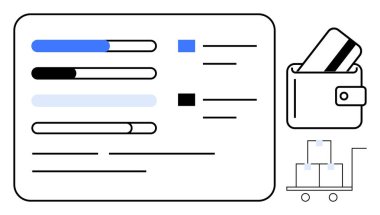 Kartlı dijital cüzdan, işlem çubukları ve kontrol listesi. Tramvaya istiflenmiş kutular. E-ticaret, mali yönetim, lojistik, dağıtım izleme, proje yönetimi çevrimiçi alışveriş için ideal