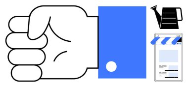 Gücü simgeleyen yumruk, sulama tenekesi ile vurgulanan büyüme ve çevrimiçi girişimciliği temsil eden dijital dükkan. Takım çalışması, destek, başarı, büyüme, e-ticaret, strateji güçlendirme için ideal