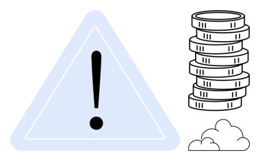Uyarı levhası ve finansal risk, ekonomik ihtiyat veya tasarruf belirsizliğini simgeleyen bulutlarla çevrili yığınla bozuk para. Finans, risk, uyarı, ekonomi, ihtiyat, tehlike için ideal