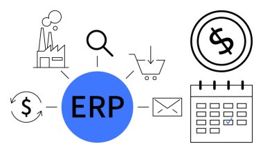 ERP bağlantı fabrikası, tedarik, zamanlama, maliyet yönetimi, e-postalar ve dolar simgeleri. İş akışı için ideal, otomasyon veri verimliliği entegrasyon ölçeklendirme işi için. Düz basit metafor