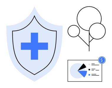Sağlık için mavi tıbbi haçlı kalkan sürdürülebilirlik için minimum ağaç simgesi mavi aksanlı ve dolar işaretli finansal tablo. Sağlık, sağlık, sürdürülebilirlik, sigorta ve finans için ideal