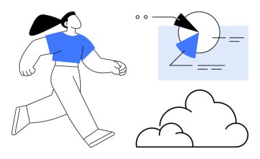 Analiz çizelgesi ve bulut yakınlarındaki bireysel adımlar ilerlemeyi, veri analizini ve teknoloji yeniliğini sembolize ediyor. Büyüme, strateji, başarı, veri, gelecekteki hırs ekip çalışması için ideal