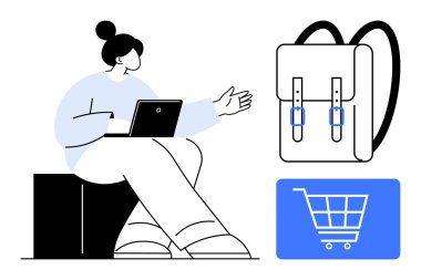 Dizüstü bilgisayarlı bir kadın sırt çantası ve alışveriş arabası ikonuna doğru hareket ediyor. E-ticaret, perakende satış, ürün gösterimi, çevrimiçi alışveriş, tüketici davranışı, dijital pazarlama, düz sade