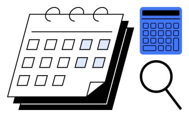 İşaretli tarihli takvim, büyüteç, ve mavi hesap makinesi renklendirme programları ve analizleri. Organizasyon, finans, üretkenlik, strateji, zaman yönetimi, veri analizi için ideal