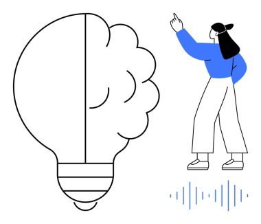 Beyin ve ampul, ses dalgası insanının jestlerinin yanında, yenilik, yaratıcılık, öğrenme ve iletişimi sembolize eden fikirleri birleştirir. Teknoloji, eğitim, takım çalışması ve beyin fırtınası için ideal.