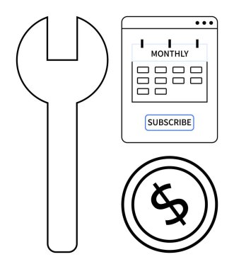 İngiliz anahtarı, takvim, abonelik tuşu ve bakım, abonelik, finans, planlama ve fiyatlandırmayı gösteren dolar simgesi. SaaS e-ticaret ve iş akışı için hizmet yönetimi bütçesi için ideal