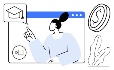 Online öğrenme oturumu sırasında bir tarayıcı penceresindeki mezuniyet başlığı simgesini gösteren bir kadın. Madeni para ve bitki motifleri finansal planlamayı ve büyümeyi iletir. E- öğrenim, eğitim ve burs için ideal