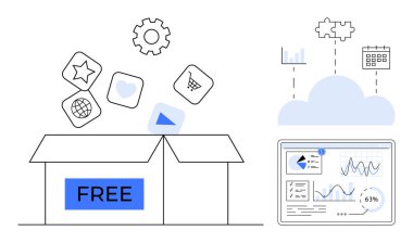 FREE etiketli kutuda uygulama simgeleri salınıyor. Kalbi, el arabasını, dünyayı onayla. Bulut bulmacaya, analize, takvime bağlı. Dijital araçlar, bulut depolama, analitik uygulamalar SaaS yenilik düzlüğü için ideal