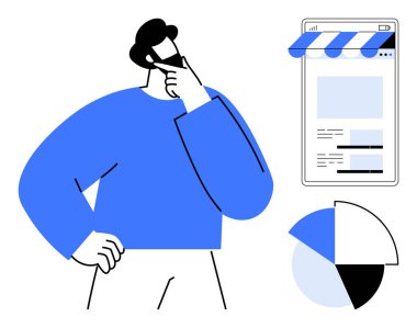 Dijital web sitesi düzenini turta grafiğiyle izlerken düşünen kişi. Pazarlama, veri analizi, iş stratejisi, karar verme, e-ticaret, kullanıcı arayüzü, düz basit metafor