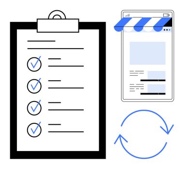 Kontrol listeli pano, mobil cihazda dijital mağaza önü ve dairesel yenilenmiş oklar. Üretkenlik, e-ticaret, çevrimiçi planlama, görev otomasyonu, organizasyon, iş akışı yönetimi için ideal