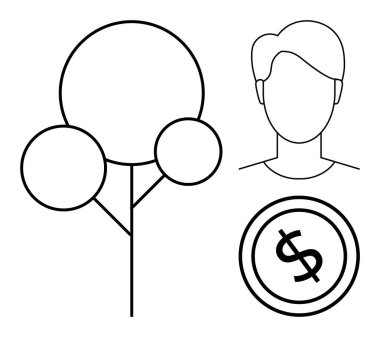 Üç dairesel tepe örtüsü, yüzü olmayan insan ve sürdürülebilirliği, insanlığı ve ekonomiyi sembolize eden dolar parası olan ağaç. Çevre, finans, büyüme, eko-denge eğitim ekibi çalışması için ideal