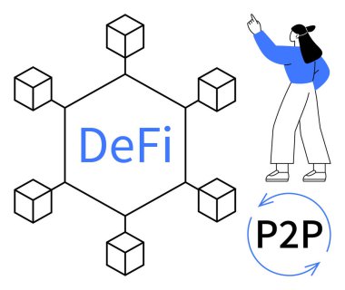 Merkezde DeFi metni, P2P etkileşimli ok ve işaret eden şekil ile blokzincirle bağlı küpler. Kripto para birimi, ademi merkeziyet, fintech, yatırım, yenilik, dijital ekonomi için ideal