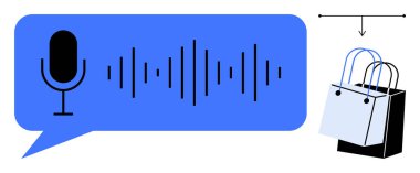 Mikrofon ve ses dalgalı konuşma balonu ses komutunu sembolize ederken, alışveriş torbaları çevrimiçi alımları temsil ediyor. E-ticaret için ideal, ses asistanları, alışveriş teknolojisi, gelecekteki perakende satış
