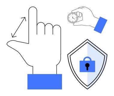 Ölçümü gösteren büyük bir el hareketi, saati tutan küçük bir el ve kilit ikonlu bir kalkan. Zamanlama, güvenlik, teknoloji, ölçüm, yenilik, dijital kavramların korunması için ideal