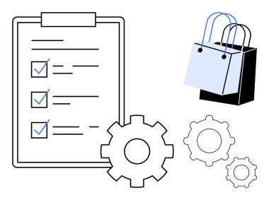 Kene işaretli kontrol listesi, farklı boyutlarda üç vites ve alışveriş torbaları. Görev yönetimi, verimlilik, organizasyon, verimlilik, verimlilik, perakende satış işlemleri için ideal takım çalışması. Soyut çizgi