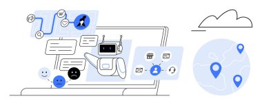 Robot sohbeti, analiz etme ve dizüstü bilgisayardaki çeşitli aletlere işaret etme. Mutlu yüzler, konum işaretleri, bulut. Teknoloji, otomasyon, hizmet yapay zeka yeniliği sohbet robotu müşterisi için ideal