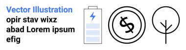 Şarj edilmiş pil, dolar sikke ve basit ağaç ana hatları yenilenebilir enerji, finansal büyüme ve doğayı vurguluyor. Yeşil teknoloji, tasarruflar, çevre ve iş minimalizmi için ideal soyut yenilik