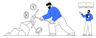 Adam taş çıkartıyor dolar, avro ve pound para analisti notlar ve kitap gözlemleme faaliyetleriyle. Ekonomi, finans, yatırım, servet, iş analizi metaforu için idealdir. Düz basit