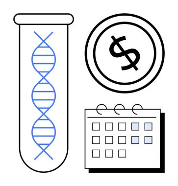 DNA sarmalı, dolar parası ve biyoteknoloji yatırımını, araştırma fonunu ve proje zaman çizelgelerini sembolize eden takvim içeren test tüpü. Finans, bilim, yenilik, sağlık planlaması için ideal