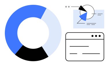 Pasta grafiği, bar diyagramı ve analitik kontrol paneli arayüzü. Analiz, strateji, raporlama, iş anlayışı, istatistik pazarlama sunumu için ideal. Düz basit metafor