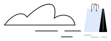 Alışveriş çantasının yanında minimalist çizgileri olan bir bulut. E-ticaret, bulut depolama, alışveriş, nakliye, lojistik, dijital pazarlama ve yenilik için ideal. Düz basit metafor