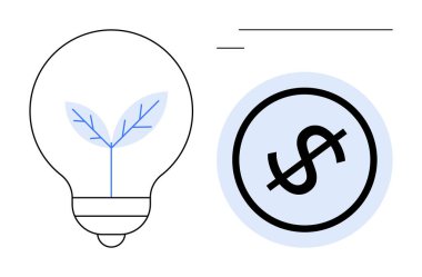 İçinde bitki bulunan ampul yeşil enerjiyi temsil ederken dolar işareti finansal refahı temsil ediyor. Sürdürülebilirlik, finans, yenilik, eko-ticaret, teknoloji, girişimler, yatırım için ideal