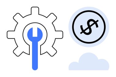 İngiliz anahtarı işleme aletleri ve optimizasyonu, finans için dolar ikonu ve teknoloji veya yeniliği simgeleyen bulut simgesi olan vites. Finans, teknoloji, bulut hizmetleri, finansal araçlar, maliyet için ideal