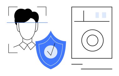 Kimlik doğrulaması için yüz taraması, üzerinde kontrol işareti ve cihaz olan bir kalkanın yanında. Biyometrik, siber güvenlik, teknoloji, veri gizliliği, kimlik doğrulama, koruma, güvenlik için idealdir. Düz basit