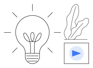 Fikirler için ışınları olan ampul, büyümeyi sembolize eden bitki, eylem için çalma düğmesi. Yaratıcılık, yenilik, öğrenme, strateji, çevresel çözümler, girişimcilik için ideal düz bir metafor