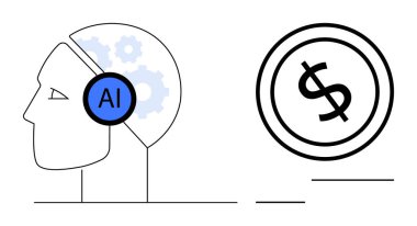 İnsan profili, yapay zeka etiketi, kafasının içinde dişliler, yanında dolar birimi. Teknoloji, finans, yenilik, yapay zeka, makine eğitimi, iş stratejisi dijital ekonomi için idealdir. Düz basit