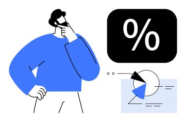 Pasta grafiği ve veri görselleriyle yüzde simgesi üzerinde kafa yoran bir adam. Finans, istatistik, analiz, planlama, karar verme, problem çözme, düz metafor için ideal